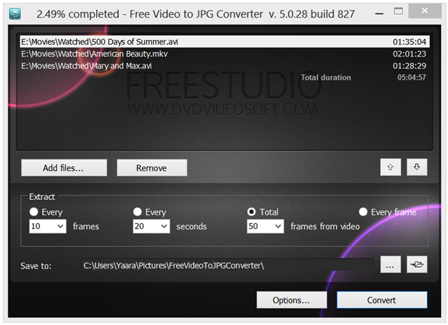 Interfaccia grafica del programma Free Video to JPG Converter