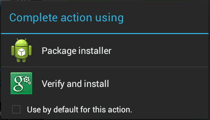 Schermata in cui scegliere di aprire il file apk con Package Installer