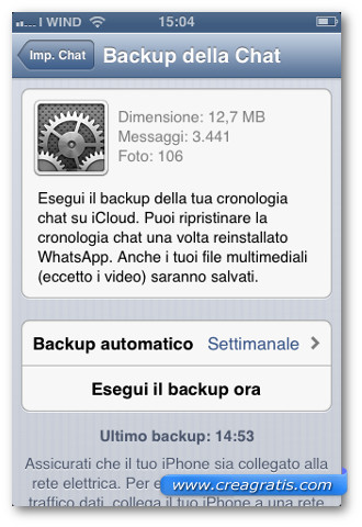 Schermata di backup di WhatsApp