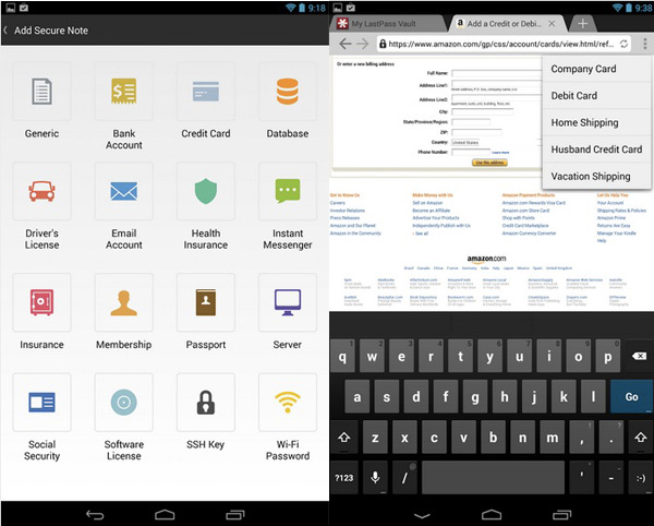 Schermate dell'applicazione LastPass per Android