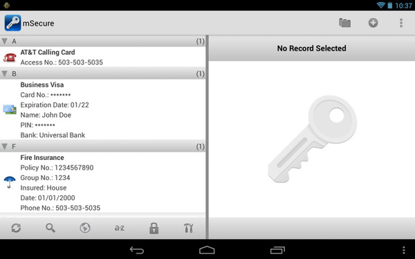 Schermate dell'applicazione mSecure per Android