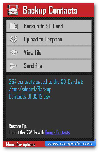 Schermata dell$0027applicazione Backup Contacts per Android