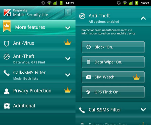 Schermata dell'antivirus Kaspersky per Android