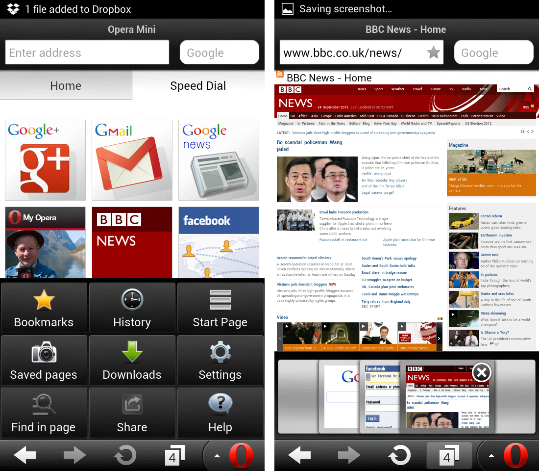 Schermate del browser Opera per Android