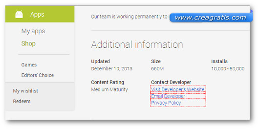 Schermata di contatto degli sviluppatori di un$0027applicazione Android