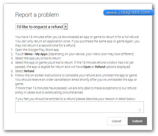 Schermata di richiesta del rimborso a Google
