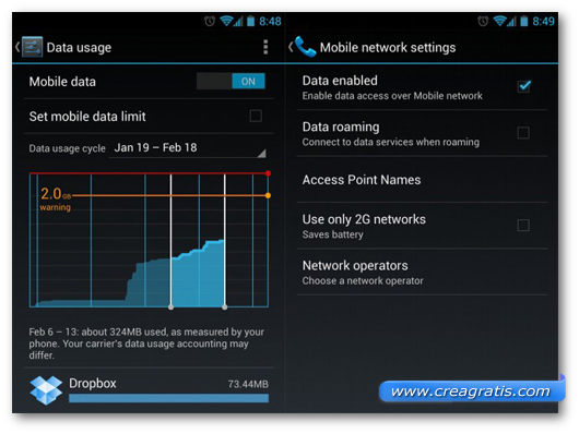 Schermata sulla disattivazione della connessione dati su Android