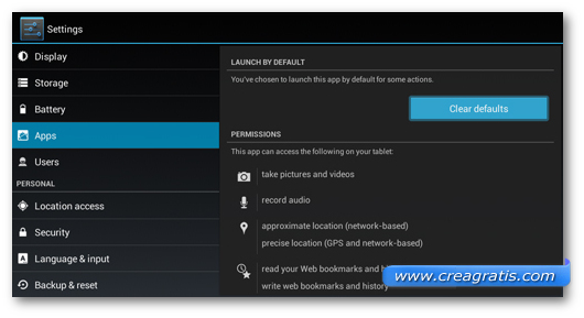 Schermata per cambiare le applicazioni predefinite di Android