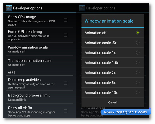 Schermata sulla disattivazione delle animazioni di Android