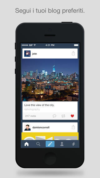 Schermata dell'applicazione Tumblr per iPhone