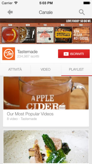 Schermata dell'applicazione YouTube per iPhone