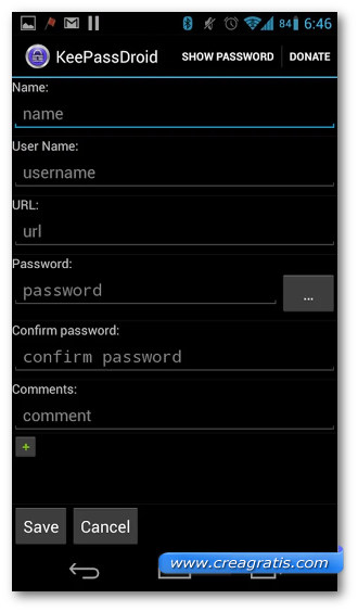 Schermata dell'applicazione KeePassDroid per Android