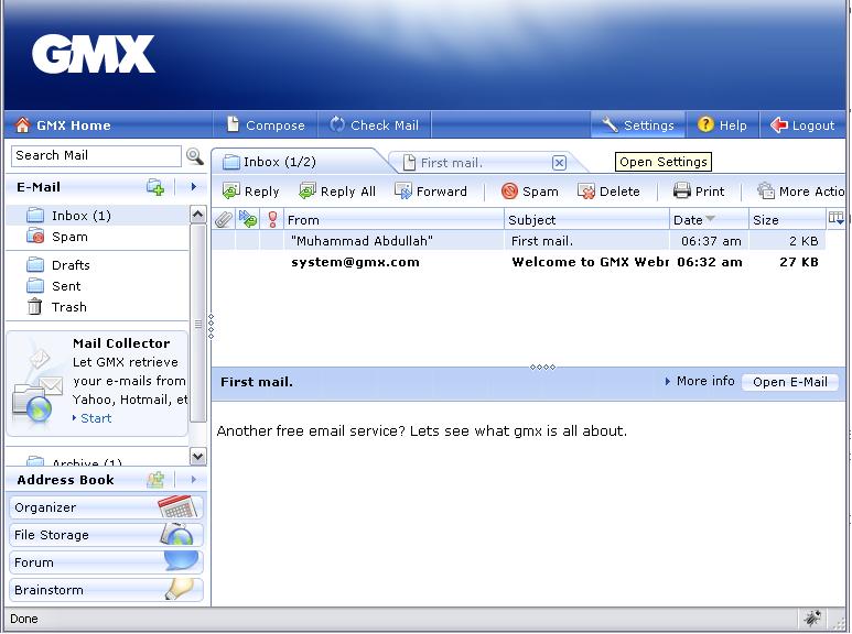 Schermata del servizio GMX