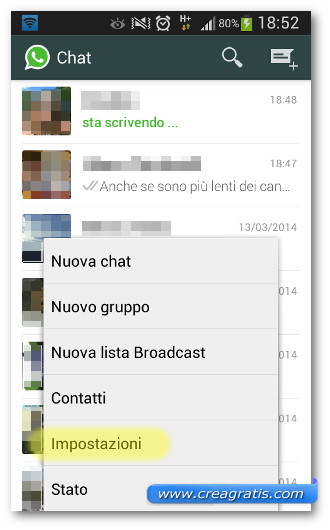 Schermata di accesso alle impostazioni di WhatsApp