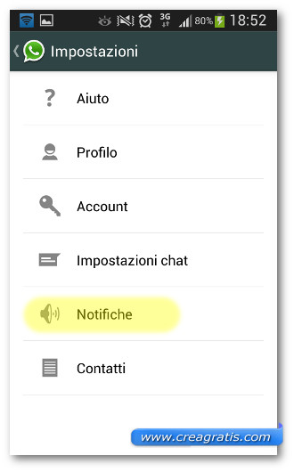 Schermata di accesso alle impostazioni sulle notifiche di WhatsApp