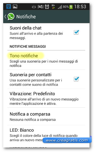 Schermata delle impostazioni delle notifiche di WhatsApp