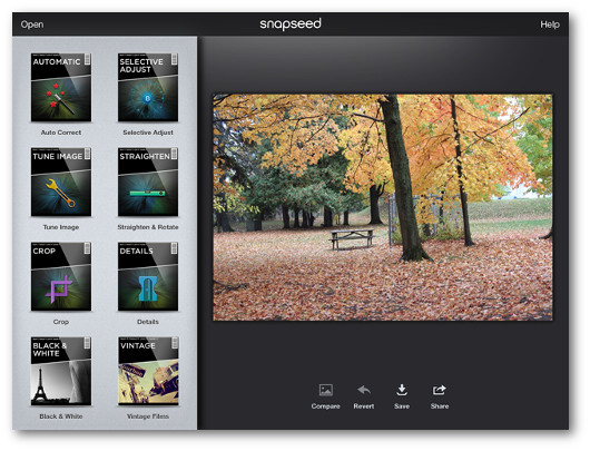 Schermata dell'applicazione Snapseed per iPad