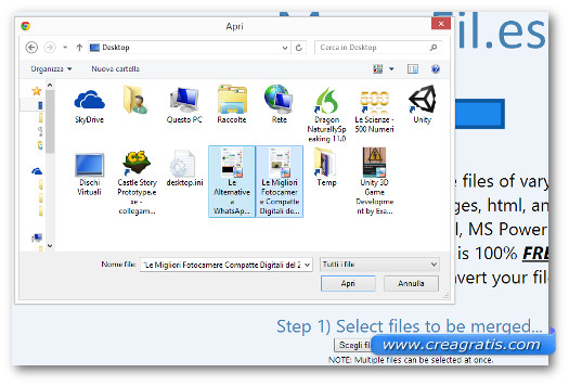 Schermata della selezione dei file da unire