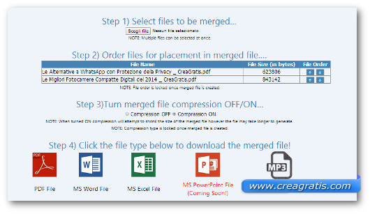 Schermata del sito per ordinare i file da unire