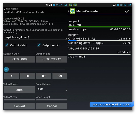 Schermate dell'applicazione Media Converter per Android