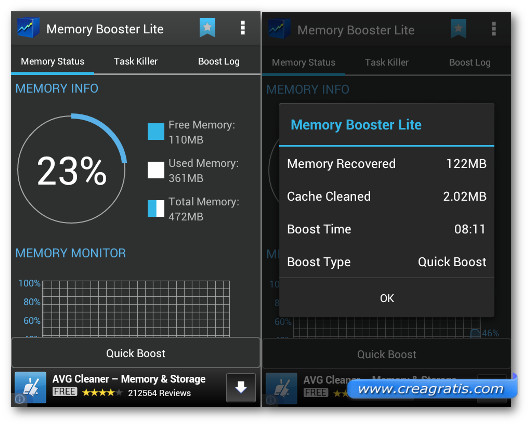 Schermate dell'applicazione Memory Booster – RAM Optimizer per Android
