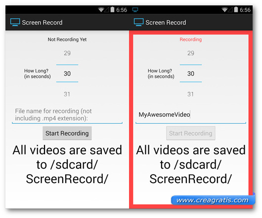 Schermate dell'applicazione Screen Record per Android