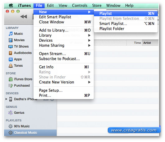 Primo passaggio per creare una nuova playlist su iTunes