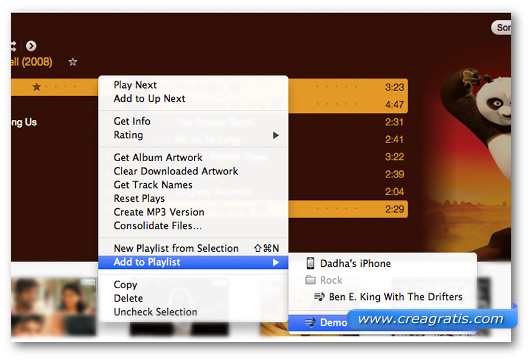 Menù per aggiungere le canzoni alla playlist di iTunes appena creata