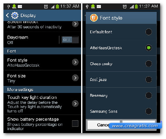 Schermate delle impostazioni dei font su Android