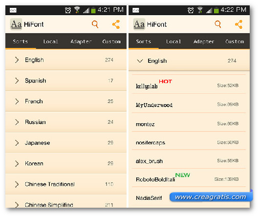 Schermate dell$0027applicazione HiFont per Android