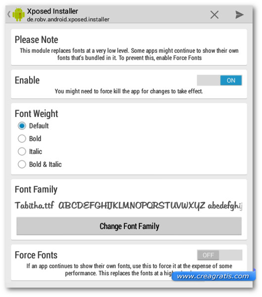 Schermate del modulo PerAppFonts per Android