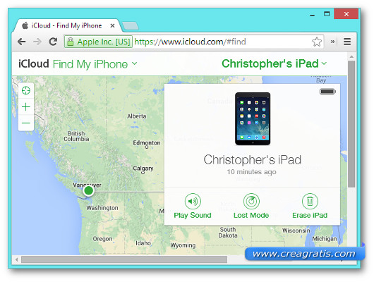 Schermata della funzionalità Find My iPhone su iCloud