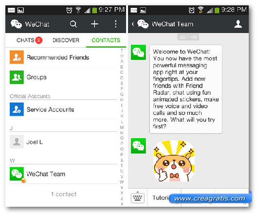 Schermata dell'app WeChat per Android