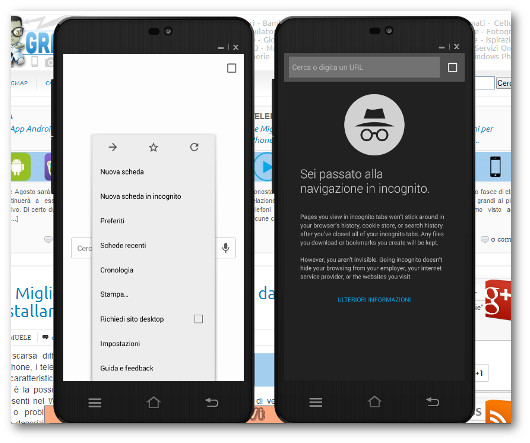 Schermate della navigazione anonima con Chrome su Android