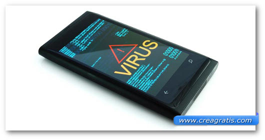 Schermata di uno smartphone con la scritta virus