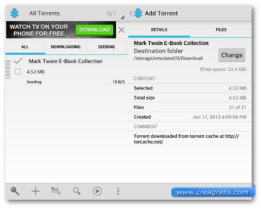 Schermate dell'app aTorrent per Android
