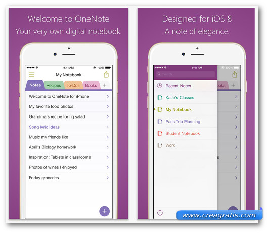 Schermate dell'app Microsoft OneNote per iPhone 6