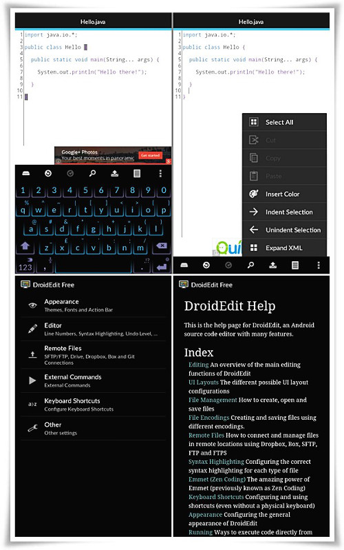 Schermate dell'app DroidEdit per Android