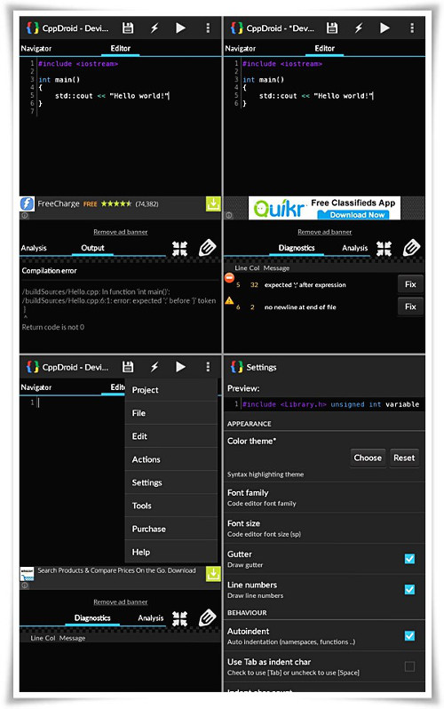 Schermate dell'app CppDroid per Android