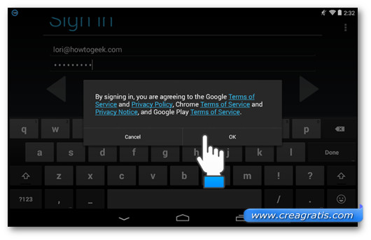 Finestra per accettare i termini di utilizzo di Google