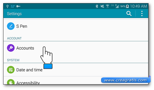 Selezione della voce Account su Samsung