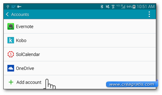 Selezione della voce Aggiungi Account su Samsung