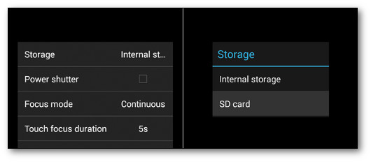 Schermata delle opzioni Android per salvare le foto su scheda SD