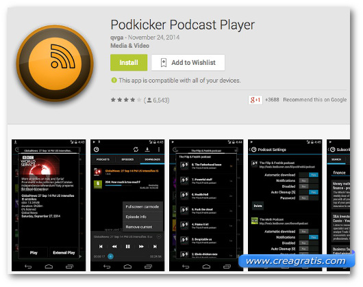 Schermate dell'app PodKicker Podcast Player per Android