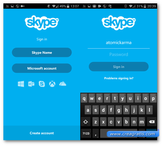 Schermate di accesso all$0027app Skype per Android