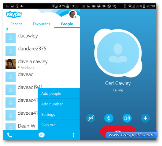 Schermata dei contatti e di una telefonata con Skype da Android