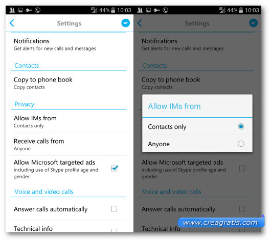 Schermata con le opzioni di privacy di Skype per Android