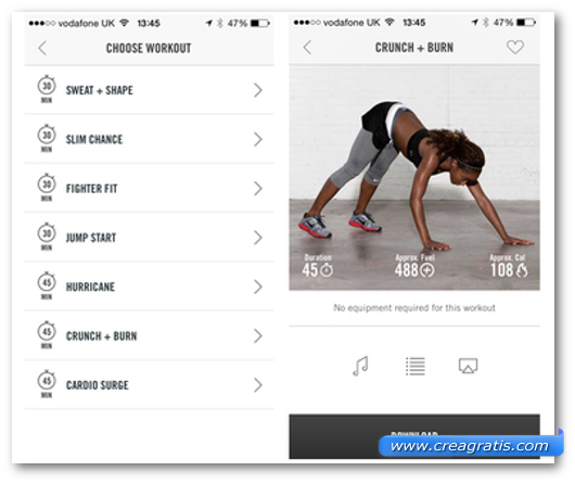 Schermate dell'app Nike+ Training Club