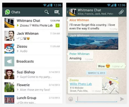 Schermate dell'app WhatsApp per Android