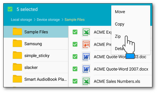 Selezione della voce Zip per comprimere i file selezionati